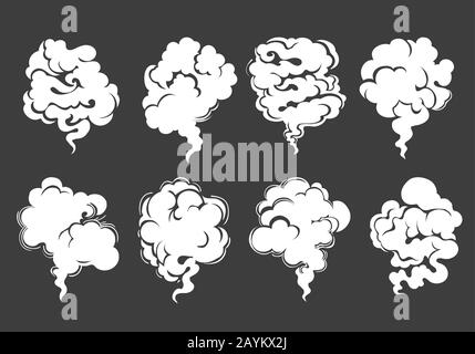 Acht weiße Wolken aus Rauch oder Dampf auf schwarzem Hintergrund im Cartoon-Stil gezeichnet. Vektorgrafiken. Stock Vektor