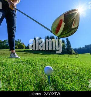 Femaler Golfspieler schlägt mit Fahrer auf einen Ball Stockfoto