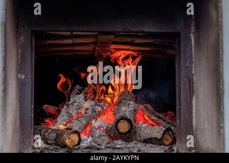 Heißen lebendige brennenden Birke einloggt Kamin an einem kalten Wintertag Stockfoto