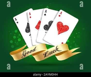 Vier Asse, die Karten spielen, spaten die Herzen Diamanten und Band mit Formulierungen Viel Glück. Vektorgrafiken. Stock Vektor