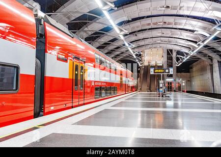 Moskau, RUSSLAND - 23. MAI 2018: Der neue Aeroexpress Zug vom Flughafen zum Bahnhof Stockfoto