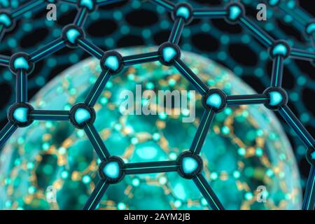 Zellen und biologische Kette, Moleküle und abstrakte Konzeption, 3D-Rendering. Digitale Zeichnung des Computers. Stockfoto