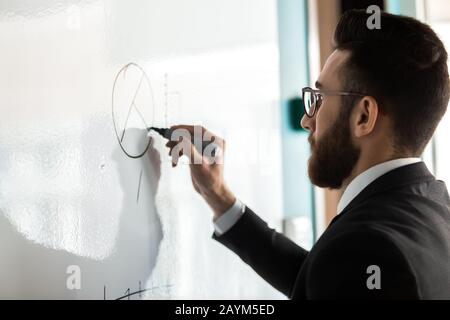 Arabischer Unternehmer macht Präsentation auf Grafiken Schreibvorgänge verwenden Flipchart Stockfoto