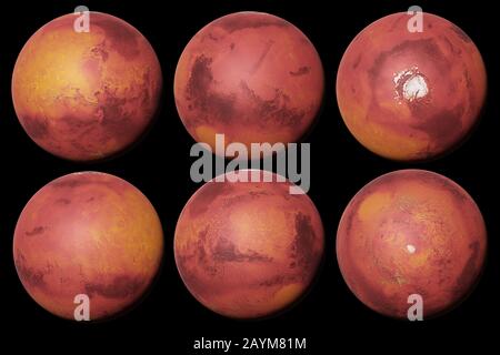 Planet Mars, der rote Planet von allen Seiten isoliert auf schwarzem Hintergrund Stockfoto