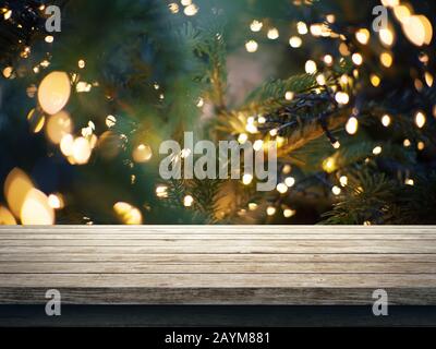 Holztisch auf verschwommenem Hintergrund, 3D-Rendering Stockfoto