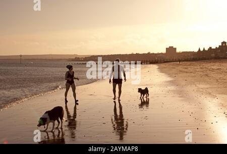 Portobello Beach, Edinburgh, Schottland, Großbritannien. Feb. 2020. Sonnenschein und Temperatur von 4 Grad Wind wehend auf 65 km/h, aber mehr als 30 wilde Schwimmer aller Altersgruppen, Formen und Größen mit Kostümen oder Wetsuits genossen den frühen Morgenanzug im Firth of Forth. Ein Mann mit rotem Wollhut, der seine Plastikente für die Firma mitnimmt. Stockfoto