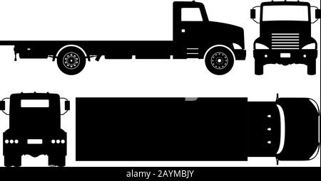 Flachbett-Truck-Silhouette auf weißem Hintergrund. Fahrzeugsymbole stellen die Ansicht von Seite, Vorderseite, Rückseite und Oberseite ein Stock Vektor