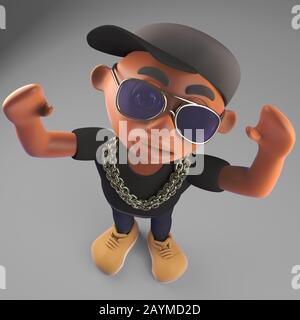 Jubelnde schwarze Hip-Hop-Rapper in Baseballcap, 3D-Illustration Rendering Stockfoto