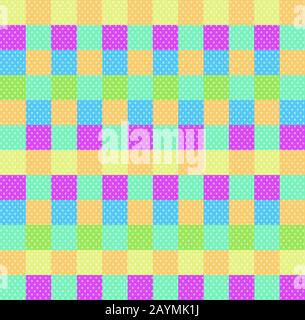 Polka Dot Feldung nahtlose Muster mit orange rosa blau gelb grüne Quadrate und Kontrollen. Pop Art Kulisse, Baby wallpaper Dusche, multic Stock Vektor