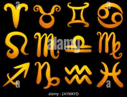 Sammlung von 12 Tierkreiszeichen, goldene Symbole auf schwarzer Hintergrundabbildung. Stockfoto