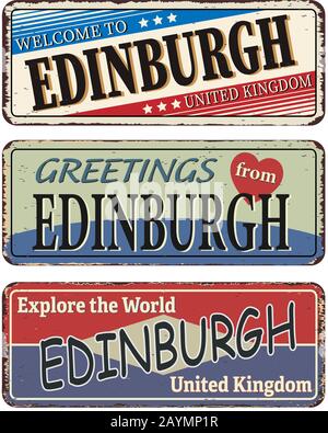 Willkommen im Edinburgh Vintage Zeichensatz im Retro-Stil der britischen Stadt. Reiseziel Thema auf altem rostigen Hintergrund. Stock Vektor