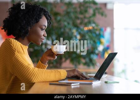 Junge, attraktive Geschäftsfrau, die auf dem Laptop surft und Tee trinkt Stockfoto