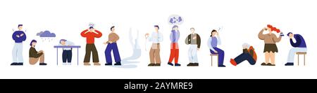 Satz von Traurigkeit Cartoon Mann und Frau mit psychologischen Problemen isoliert auf weiß Stock Vektor