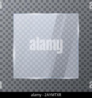Leeres Glasbanner. Glänzende Rahmenvorlage mit Reflektion. Vektordarstellung isoliert auf transparentem Hintergrund Stock Vektor