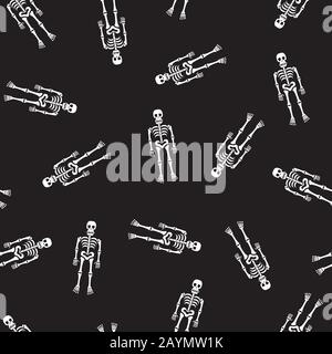 Nahtloses Muster. Menschliche Skelette. Isoliert auf schwarzem Hintergrund. Fröhliches Halloween-Muster. Hintergrund, Hintergrundbild. Vektor. Stock Vektor