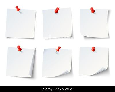 Weiße Papiernotizen zum roten Daumenstapel. Hinweisaufkleber oben mit Pins Vector Set Stock Vektor