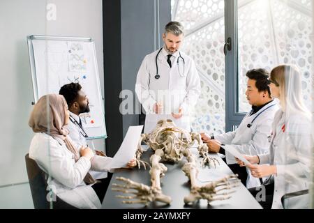Universität, Bildung, Medizin, Anatomiekonzept. Vier multirassische Medizinstudenten mit Professor und menschlichem Skelettmodell im Klassenzimmer, Studium Stockfoto