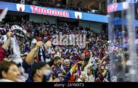 Berlin, Deutschland. Februar 2020. Eishockey: Del, Eisbären Berlin - Adler Mannheim, Hauptrolle, 45. Tag, Mercedes Benz Arena. Eisbär-Fans feiern ihr Team unter dem Schriftzug Tooooooooor. Kredit: Andreas Gora / dpa / Alamy Live News Stockfoto