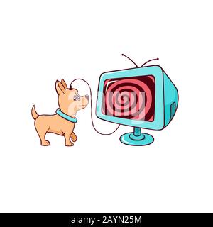 Cartoon Little Cute Dog Addicted TV Vector Graphic Illustration Stock Vektor