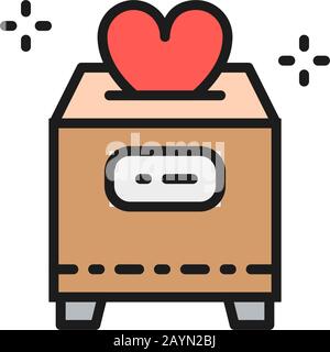 Box mit Spenden, Valentinstag, Wohltätigkeitsorganisation, freiwilligen Farbliniensymbol. Stock Vektor