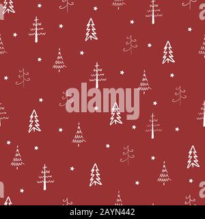Weihnachtsbaum und Sternenvektor nahtlos, wiederholtes Muster. Weiße Bäume und Sterne auf rotem Hintergrund. Doodle Bäume, Hand für Hintergrund oder Druck gezeichnet. Stock Vektor
