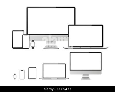Computer, Laptop, Tablet, Smartphone und Smart-Watch-Gerät mit leerem weißem Bildschirm. Geräte Mockup für Präsentation isolierter Vektorsatz Stock Vektor