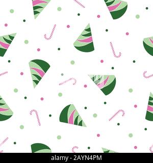 Abstrakte rosafarbene und grüne weihnachtsbäume, Süßigkeiten und Punkte auf weißem Hintergrund. Nahtloses Wiederholungsmuster für weihnachtsfeiertage. Vektor. Stock Vektor