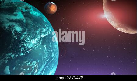 Planet mit Satellit im kosmischen Hintergrund der Deep Space Fantasy. 3D-Abbildung. Elemente dieses Bildes, das von der NASA eingerichtet wurde Stockfoto