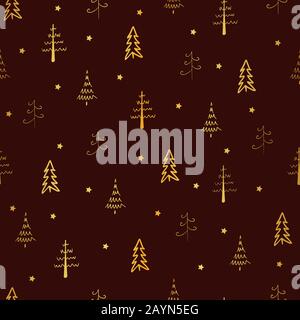 Weihnachtsbaum und Sternenvektor nahtlos, wiederholtes Muster. Goldene Bäume und Sterne auf rotem Hintergrund. Doodle Trees, handgezeichnete Abbildung für Hintergrund, Stock Vektor
