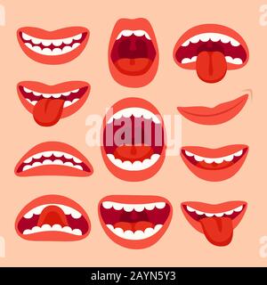 Cartoon Mouth Elements Kollektion. Zeigen Sie Zunge, Lächeln mit Zähnen, ausdrucksstarke Emotionen, lächelnde Münder und Phonemes-Vektor-Set Stock Vektor