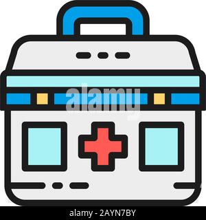 Erste-Hilfe-Kit, medizinische Tasche, Medikamente für Spenden flaches Farb-Linien-Symbol. Stock Vektor