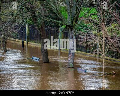 Überschwemmung in York, Großbritannien aufgrund des Sturms Dennis. Untergetauchte Flussuferspaziergänge und Bänke am Fluss Ouse. Februar 2020. Stockfoto