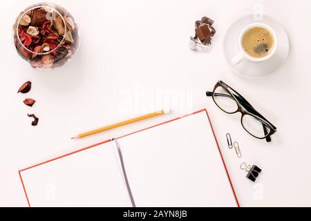 Stilisiertes Foto. Minimale Flachlaienzusammensetzung mit Notizbuch und getrockneten Blumen auf weißem Hintergrund. Femininer Workspace-Desktop. Stockfoto