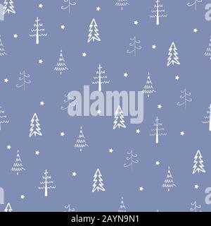 Weihnachtsbaum und Sternenvektor nahtlos, wiederholtes Muster. Weiße Bäume und Sterne auf blauem Hintergrund. Doodle Trees, handgezeichnete Vektorgrafiken. Stock Vektor