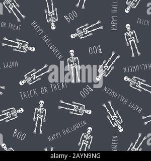 Nahtloses Muster. Menschliche Skelette. Isoliert auf grauem Hintergrund. Fröhliches Halloween-Muster. Handschrift. Hintergrund, Hintergrundbild. Vektor. Stock Vektor
