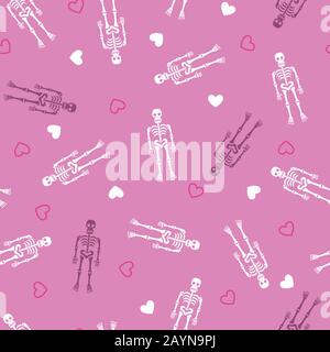 Nahtloses Muster. Menschliche Skelette und Herzen auf rosa Hintergrund. Fröhliches Halloween-Muster. Zuckerrümpfe. Hintergrund, Hintergrundbild. Vektor. Stock Vektor
