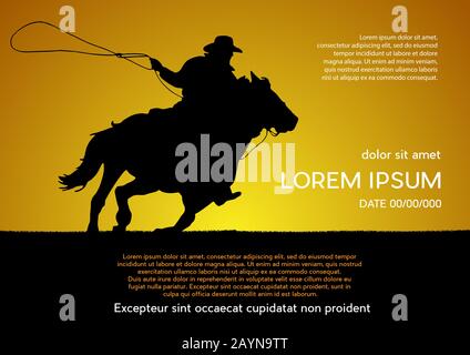Rodeo-Turnier, Hintergrund bei Sonnenuntergang. Vector Poster Cowboy und Lasso auf dem Pferd Stock Vektor