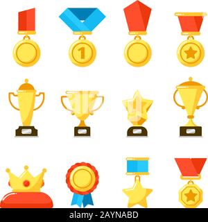 Sportpokal-Award, Goldmeisterschaft-Goblet und Vergabe-Reward-Cup. Goldene Auszeichnungen bei der Preisverleihung Vektor-Ikonen gesetzt Stock Vektor