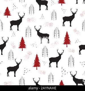 Schwarze Rehe, Punkte und rote weihnachtsbäume auf weißem Hintergrund. Nahtloses, wiederholtes weihnachtsmuster für Druck-, Textil- oder Papierprojekte. Vektor. Stock Vektor