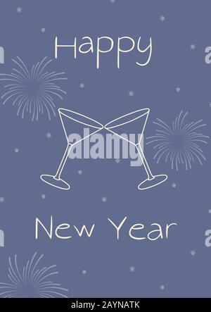 Fröhliche Darstellung im Retro-Stil für das neue Jahr. Feuerwerk, Glas und Sterne auf blauem Hintergrund. Zeitvektorvorlage für Teilnehmer. Stock Vektor