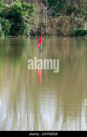 Flooding, Datchet Golf Club, Berkshire, Großbritannien. Februar 2014. Die Themse platzt nach starken Regenfällen und überschwemmte den Datchet Golf Club. Kredit: Maureen McLean/Alamy Stockfoto