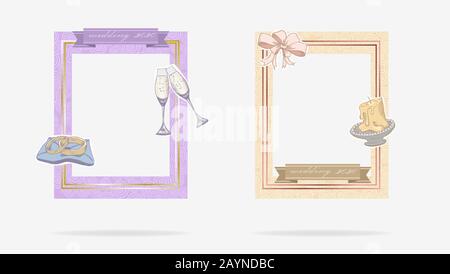 Set mit Hochzeitskarte Einladungsvorlage Vector Flat Illustration luxuriöser Zierrahmen Stock Vektor