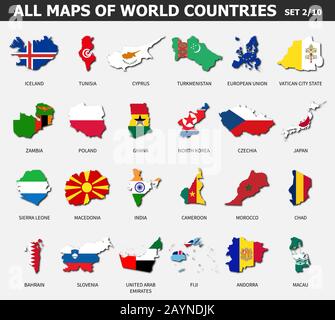 Alle Karten von Ländern und Flaggen der Welt. Satz 2 von 10 . Sammlung der Umrissform der internationalen Landkarte mit Schatten . Flaches Design . Vektor. Stock Vektor