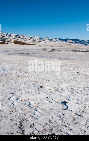 Verschneite Landschaft im Winter mit einem ger Camp in der Nähe von Ulaanbaatar, Mongolia. Stockfoto