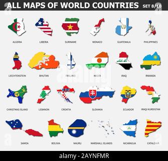 Alle Karten von Ländern und Flaggen der Welt. Satz 8 von 10. Sammlung der Umrissform der internationalen Landkarte mit Schatten . Flaches Design . Vektor. Stock Vektor