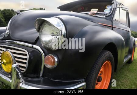 Schwarze und orangefarbene Vorderseite von Oldtimern auf dem Gras Stockfoto