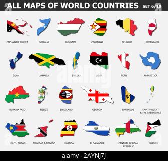 Alle Karten von Ländern und Flaggen der Welt. Satz 6 von 10. Sammlung der Umrissform der internationalen Landkarte mit Schatten . Flaches Design . Vektor. Stock Vektor