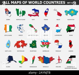 Alle Karten von Ländern und Flaggen der Welt. Satz 4 von 10 . Sammlung der Umrissform der internationalen Landkarte mit Schatten . Flaches Design . Vektor. Stock Vektor