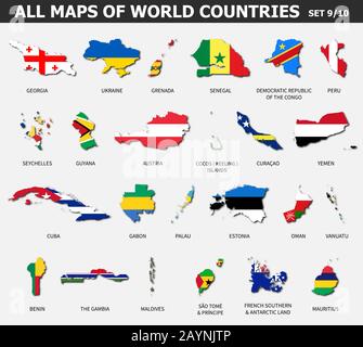 Alle Karten von Ländern und Flaggen der Welt. Satz 9 von 10. Sammlung der Umrissform der internationalen Landkarte mit Schatten . Flaches Design . Vektor. Stock Vektor