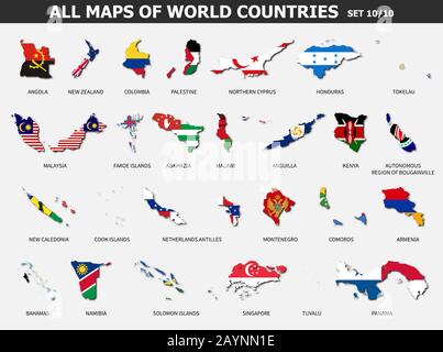 Alle Karten von Ländern und Flaggen der Welt. Satz 10 von 10 ( Vollständig ) . Sammlung der Umrissform der internationalen Landkarte mit Schatten . Flaches Design Stock Vektor